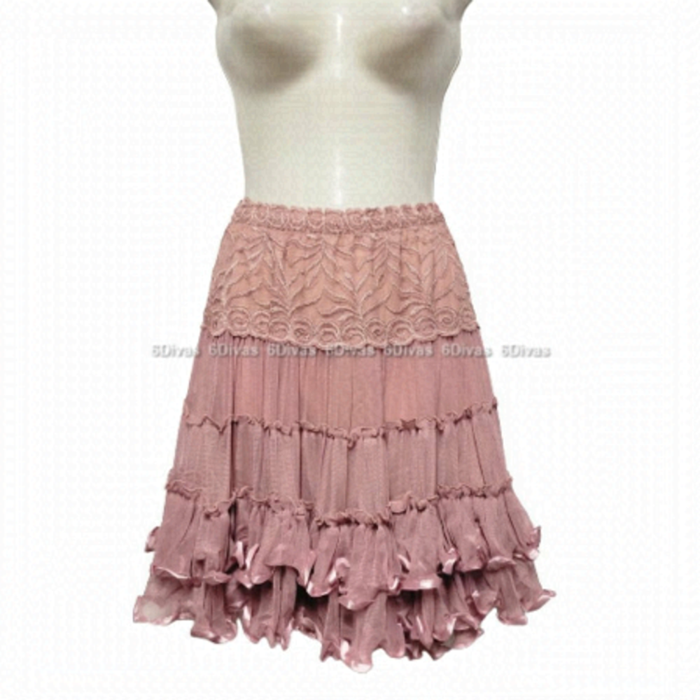 Pink Mini Skirt Light Rose Pink Satin Frills and Lace - One Size Fits Most